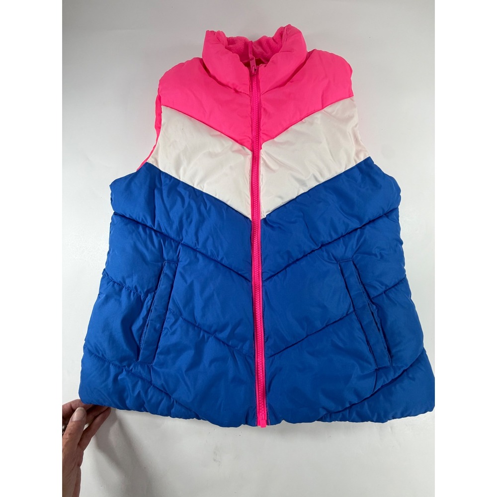 Gap Womens Warmest Puffer Vest Neon Pink Blue White Colorblock Chevron Size M